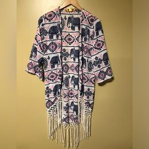 Elephant Patterned Tassel Fringe Kimono Summer Beach Cover Up Size Medium